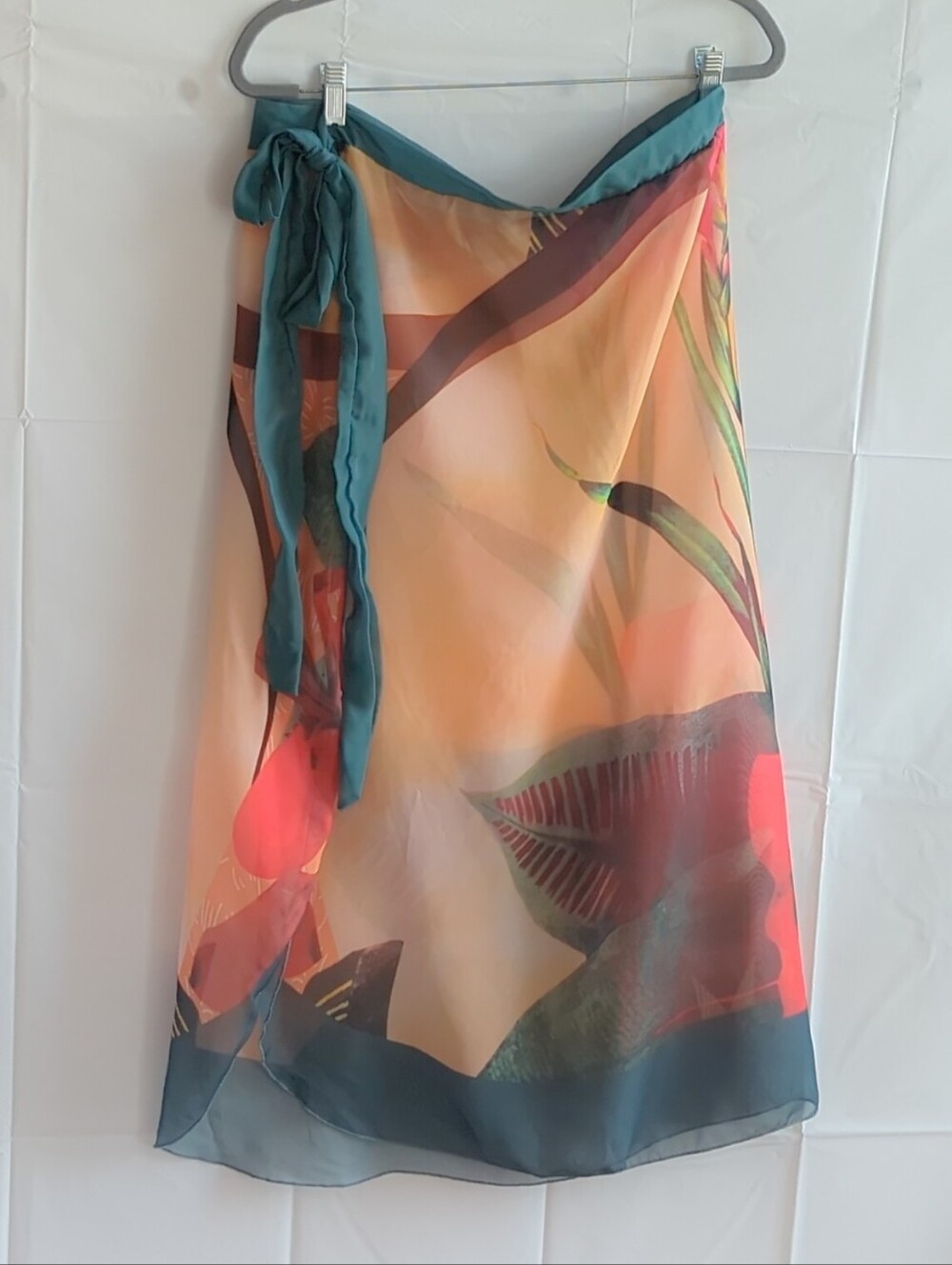 Peach Orange Green Sheer Swim Cover-up Wrap Midi Skirt Size One Size